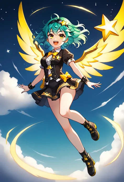 Girl with long dark turquoise hair, yellow eyes, yellow star pin in her head flying in the sky 