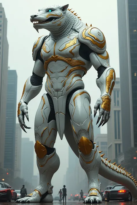 Panther and crocodile DNA mix and create a big size creature he is 10 times big than buildings in city creature in white and golden warrior suit