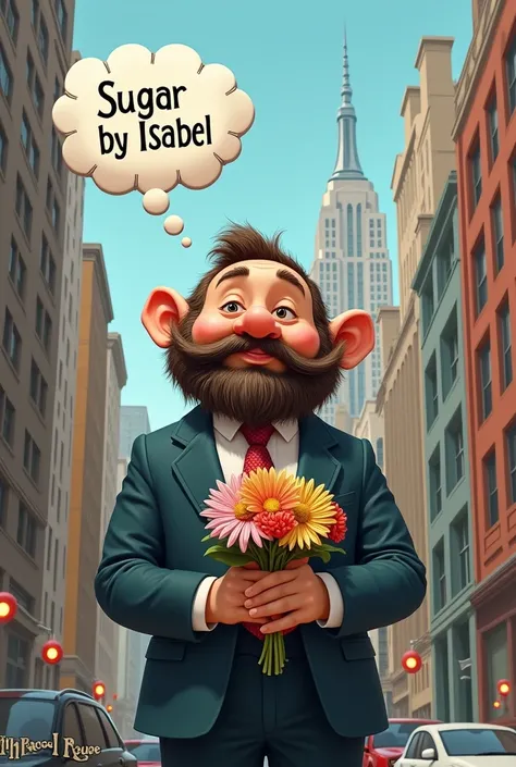 A dwarf dressed in a suit and tie, with a well-groomed beard, with a bouquet of flowers and a thought bubble that says sugar by Isabel, and in the background the city of new york 