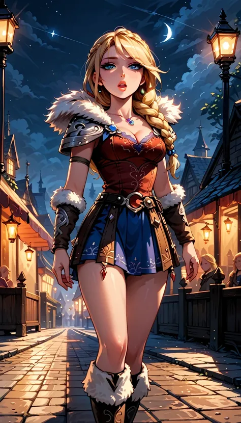 Dark Fantasy Art of score_9, score_8_up, score_7_up, rating_safe, fantasy, lighting, epiCPhoto 1girl, solo, very sexy slutty girl (ASTRIDHOFFERSON, blonde hair, braid, Long hair, blue eyes, fur trim, shoulder armor, armor, pauldron, boots, short skirt:1.2)...