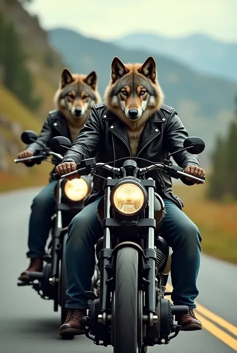 Wolf & Wolf Girlfriend Biking
A tough-looking wolf with a muscular build and his wolf girlfriend, both in leather jackets, are riding motorcycles along a scenic route, helmets off, enjoying the wind in their fur.