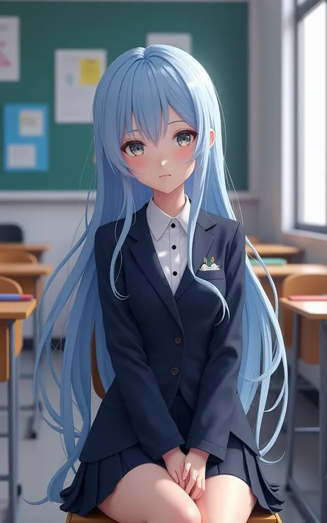 1girl, cgi realistic long light blue hair, dark blue, sit in class, black school modern uniform, 4D anime