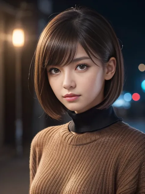 Product quality, 1 girl, Cowboy Shot, Front view, Young and pretty girl in Japan, At night, Wearing a black knitted turtleneck sweater, Wear a miniskirt, Very cute face, Glossy Lips, Double eyelids on both eyes, (Natural Makeup), Shiny and smooth light bro...