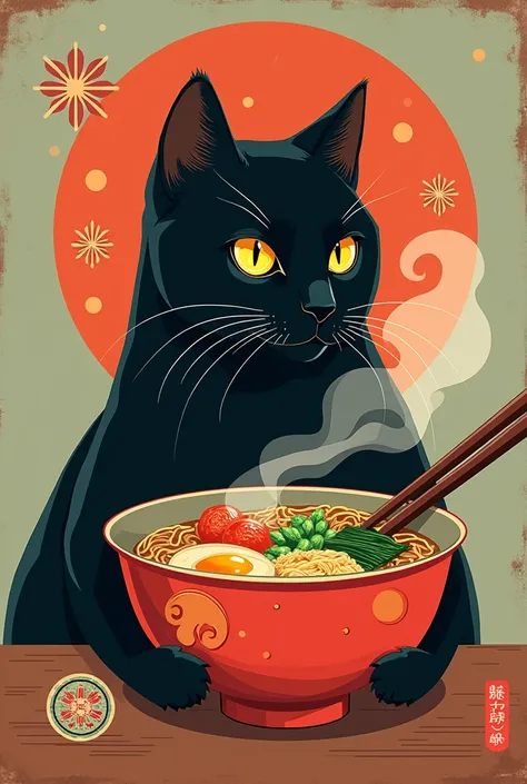 Retro poster of a black cat with a ramen