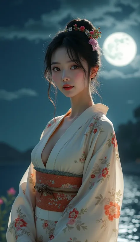 Japan、Japanの夜、Late Night、Full moon night、moonlight、kimono、オフホワイト花柄のkimono、silk、A diligent smile、From the waist up、Beautiful smile、Ample breasts、Overflowing Chest、Big Tits、My nipples are erect、V-line chest、Realistic、Kyoko Koizumi、smile、moonlightで辺りは明るい