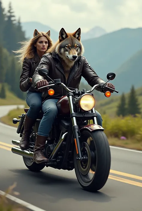 Wolf & Wolf Girlfriend Biking
A tough-looking wolf with a muscular build and his wolf girlfriend, both in leather jackets, are riding motorcycles along a scenic route, helmets off, enjoying the wind in their fur.