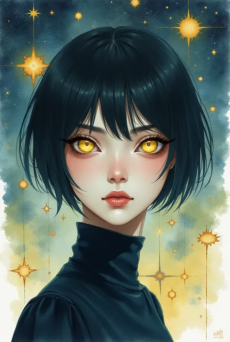 subrealistic character, female sex, watercolor style, piercing yellow eyes, short hair, defined facial features, Whole body, Extreme beauty, looking ahead , in the background a constellation,  