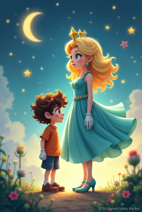 Rosalina next to a tall boy with curly hair 