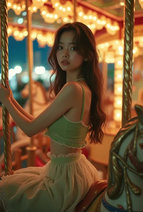 A japan sweet feman,enjoy hace fun, large breast , good iris,wearing Mollande Green camisole crop lace fabric, warm color palette, Sitting on a magnificent carousel, cherry blossoms fall gently relaxed expression，The amusement park at night background, ulz...