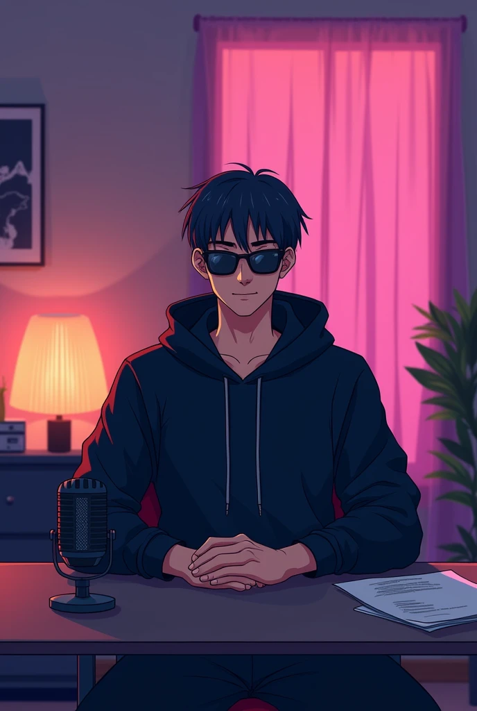 Business male character with friendly anime appearance, A BLACK HOODIE AND SUNGLASSES. He is sitting behind his laptop in his office, Arms on your desk. it&#39;s night. THE ROOM HAS VOLUMETRIC LIGHTING. Hes facing the camera, LOOKING DIRECTLY AND CENTRALLY...