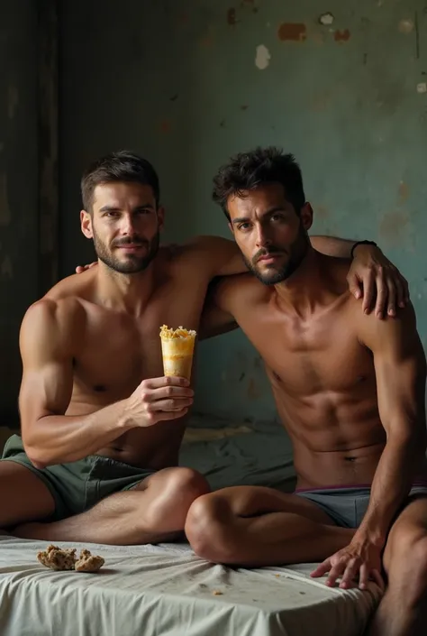 Shirtless muscular man, eating a big one is next to a strong and muscular mature man in his underwear , are sitting together on the dirty mattress on the floor of the dirty favela 