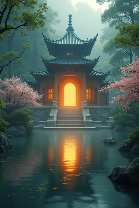 A serene and peaceful temple illuminated by a warm, comforting light after the ghost’s release.

