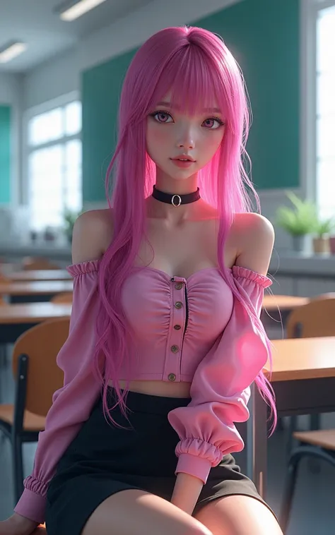 1girl, cgi realistic long light neon colored hair, off the shoulder pink blouse, black skirt, sit in class, black school modern uniform, 4D render in 8K style, anime 