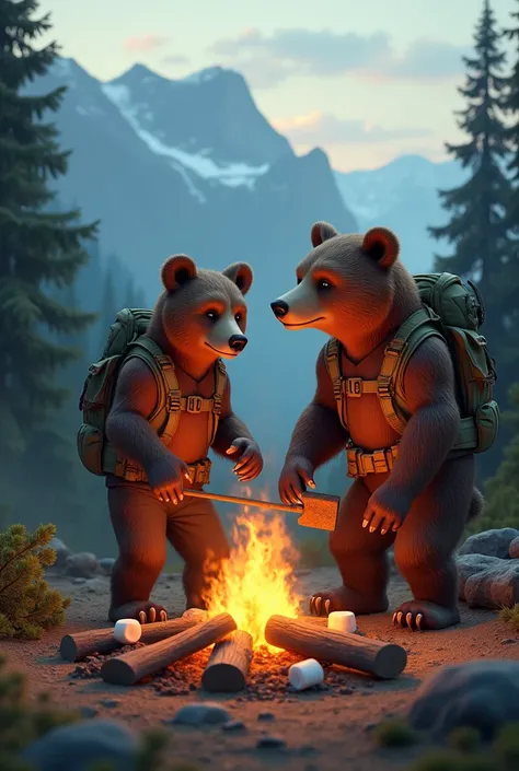 Bear Couple Camping Adventure
A muscular grizzly bear and his girlfriend, both dressed in hiking gear, are setting up camp in the wilderness. They’re roasting marshmallows by the fire, with the bear flexing his muscles as he chops wood.