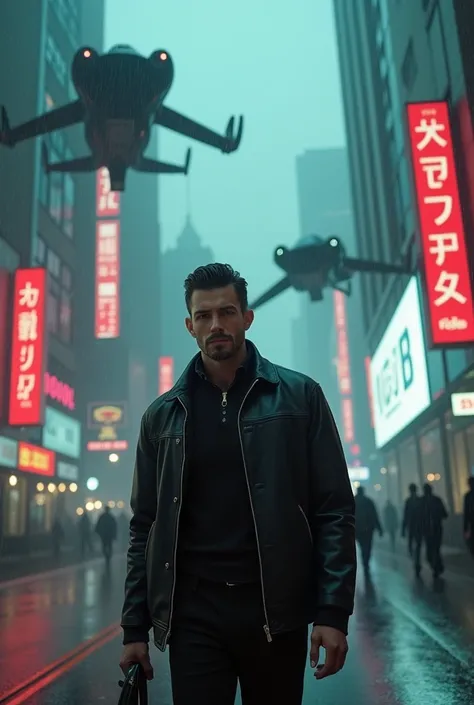 white man with slicked up hair in the world of Blade runner 2049 in the rain with flying futuristic electric cars