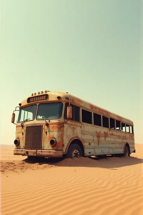 An abandoned bus covered with sand and rust in sand desert area
