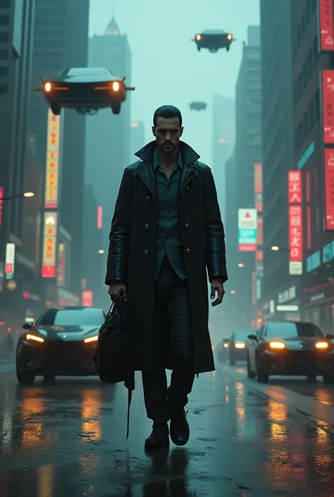 white man with slicked up hair in the world of Blade runner 2049 in the rain with flying futuristic electric cars