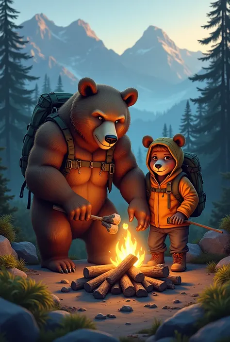 Bear Couple Camping Adventure
A muscular grizzly bear and his girlfriend, both dressed in hiking gear, are setting up camp in the wilderness. They’re roasting marshmallows by the fire, with the bear flexing his muscles as he chops wood.