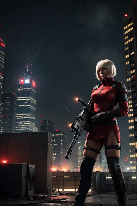 A female mercenary in a red dress, platinum blonde bob-cut hair, wielding an LMG on an urban rooftop. Aiming down at distant enemies in a tense sniper duel. City skyline in the background, glowing lights from buildings. Dynamic action pose, rooftop debris ...