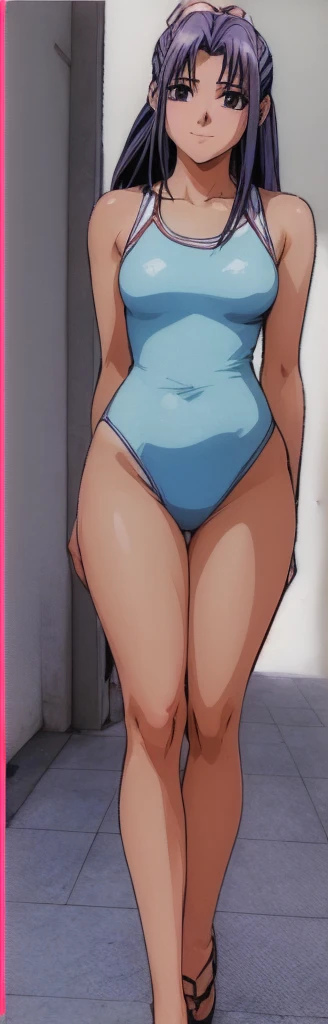 Momoko Koigakubo, a tall girl with beautiful legs, is standing by an indoor pool in a bright blue high-cut swimsuit with the word and logo &quot;arena&quot; on it.。