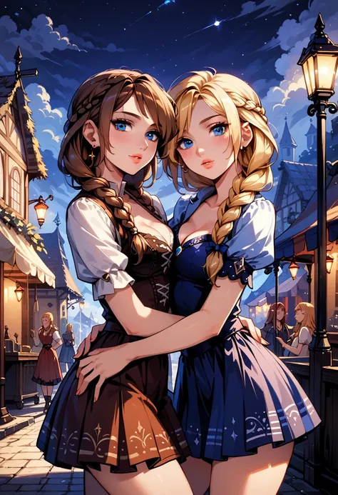 Dark Fantasy Art of score_9, score_8_up, score_7_up, rating_questionable, fantasy, lighting, epiCPhoto, 2girls, duo, couple, yuri, very sexy (ASTRIDHOFFERSON, blonde hair, braid, Long hair, blue eyes, short skirt:1.2), and (Anna, brown hair, braided pigtai...