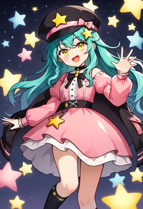 Girl with long dark turquoise hair, yellow eyes, yellow star pin in her head. Dark pink dress, long black socks, pink and black hat 