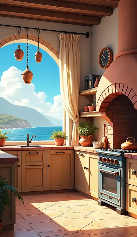 Please create an anime style image of a Rustic Mediterranean kitchen: A warm, earthy-toned kitchen with terracotta tiles, a clay oven, and a vintage gas stove. The large arched windows overlook the sea, letting in a breeze through linen curtains, with hang...