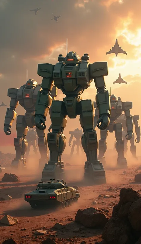 

"Rise of the Mecha Army: The Beginning of a Futuristic War"
Visual Description: In a vast battlefield, giant mechas of different models have come together, preparing for battle. Each of the mechas shines in military green and gray tones, with heavy armor...