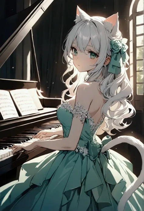 Beautiful Anime Woman cat hybrid (long wavy white hair, mint green eyes, white cat ears, white cat tail, elegant ball gown) playing on a piano.