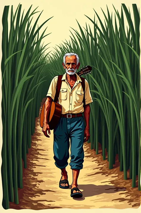 A character from a cordel, northeastern woodcut style art. man character, senior citizen, with a guitar on his back and country clothes. Minimalist woodcut in the details. Walking in the sugarcane field 