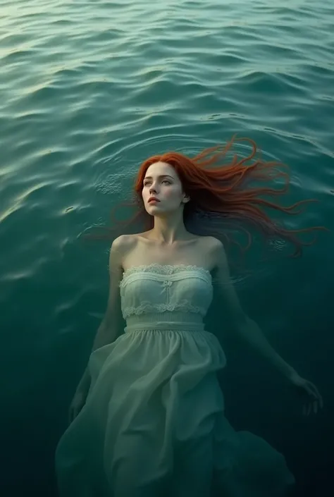 I want a realistic image of a woman underwater, Shes at sea, her hair is floating in the water natural red hair, she looks lost, sad in a melancholic way, there is nothing around it but water.
