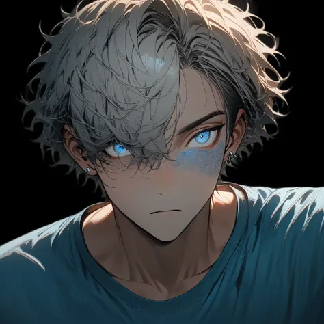 1 boy, white  hair, silver eyes, hair over one eye, short-hair, wearing an earring in one ear, slenderbody, blue t-shirt, close-...