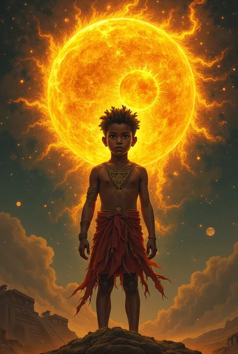 A dark-skinned boy turning into the Sun, Aztec culture 