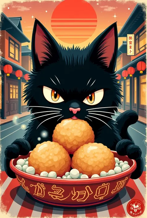 Retro poster illustration of a black cat takoyaki