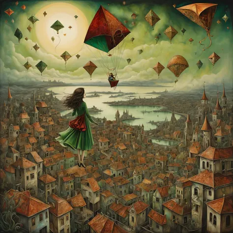 Aesthetic Surrealism painting, fusion of techniques, palette, styles by Esao Andrews, Aubrey Beardsley, Leonora Carrington, Surreal landscape, foreground of a girl floating on a kite over a dream-like city. Aesthetic surrealism, oil painting, golden sepia,...