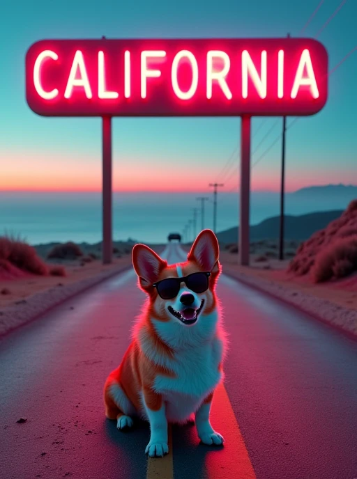 California&#39;s ocean horizon, old American car, road that goes on forever, old big neon sign, in cute corgi dog with sunglasses, cool masterpiece, Widescreen, Speed Line, Optical illusion, movie light effect, Optical illusion, american style propaganda p...