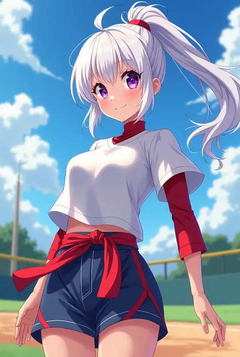 
HD、Animation style、white hair 、Purple Eyes、girl、High school student 、single ponytail、Baseball player、Light color short sleeve top、Long sleeve red underwear、plump breasts、Good shape、Thin、sash、Sky、cloud、sunny、Baseball field
