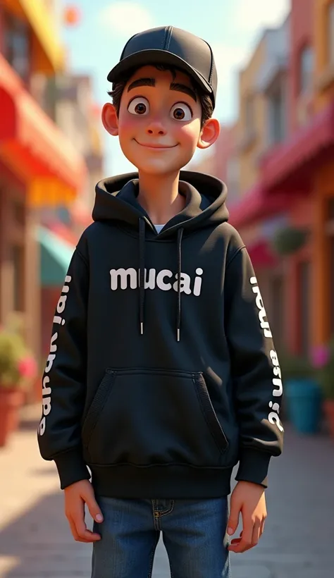 a full body picture of pixar character man, wearing black baseball hat, wearing black hoodie write "MUCAI" on long cut hoodie and blue jeans, back ground is colorful, vibrant, ((Masterpiece, Top Quality, High Resolution, Photorealistic, Raw, 8K)), standing...