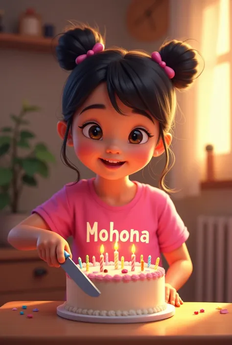 A girl wearing a pink t-shirt is sitting in front of the table and cutting the birthday cake with a birthday knife, , her name is written on the front of the girls t-shirt Mohona