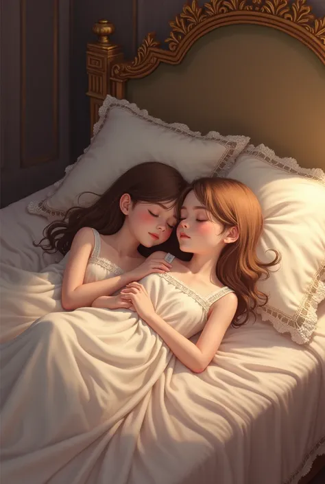 two young girls lay on the royal bed