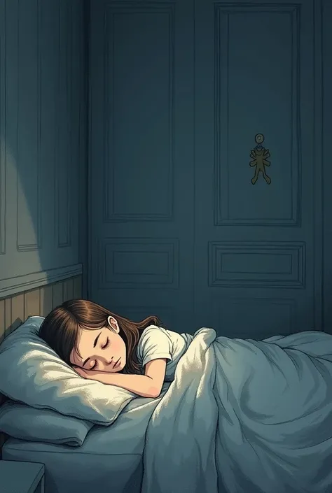 a girl sleeping in a normal bed, The room is large and spacious, and the girl is alone in this room drawn or with a touch painted as with dark crayons 
