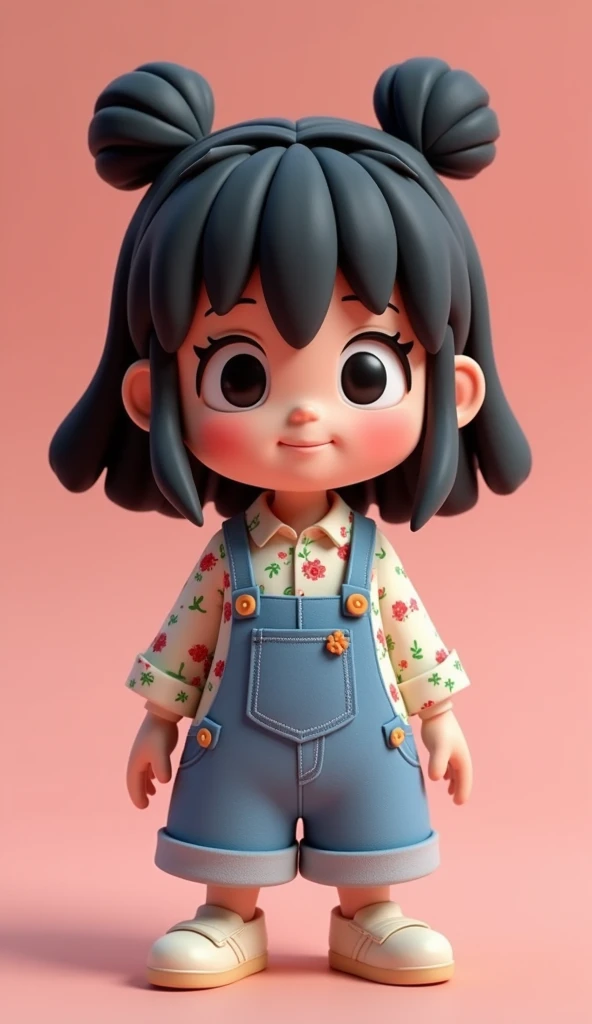 3D，1.Unique，Black hair，Japanese，Overalls，Floral shirt，Cartoon Style，Solid color background，