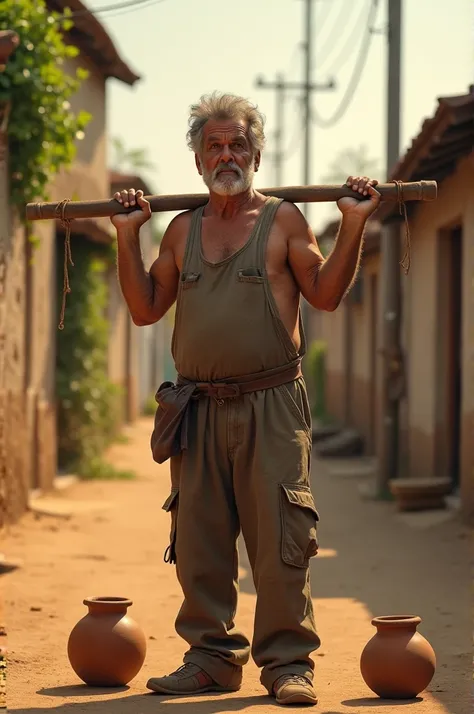 A realistic photograph of a 40-year-old man, João, with tanned skin, dark brown hair, and deep green eyes, wearing worn-out but clean work clothes. He stands in a small, sunlit village surrounded by simple, rustic houses. João is holding a large wooden sti...