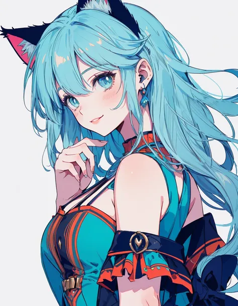 fantasy dress, fantasy forest, fantasy magician, smile, looking away, from back, ((masterpiece, best quality:1.5)), ((Beautiful detailed cat aqua eyes:1.2)), cat ears, pale skin, medium breasts, beautiful hands, beautiful fingers, EasyNegative