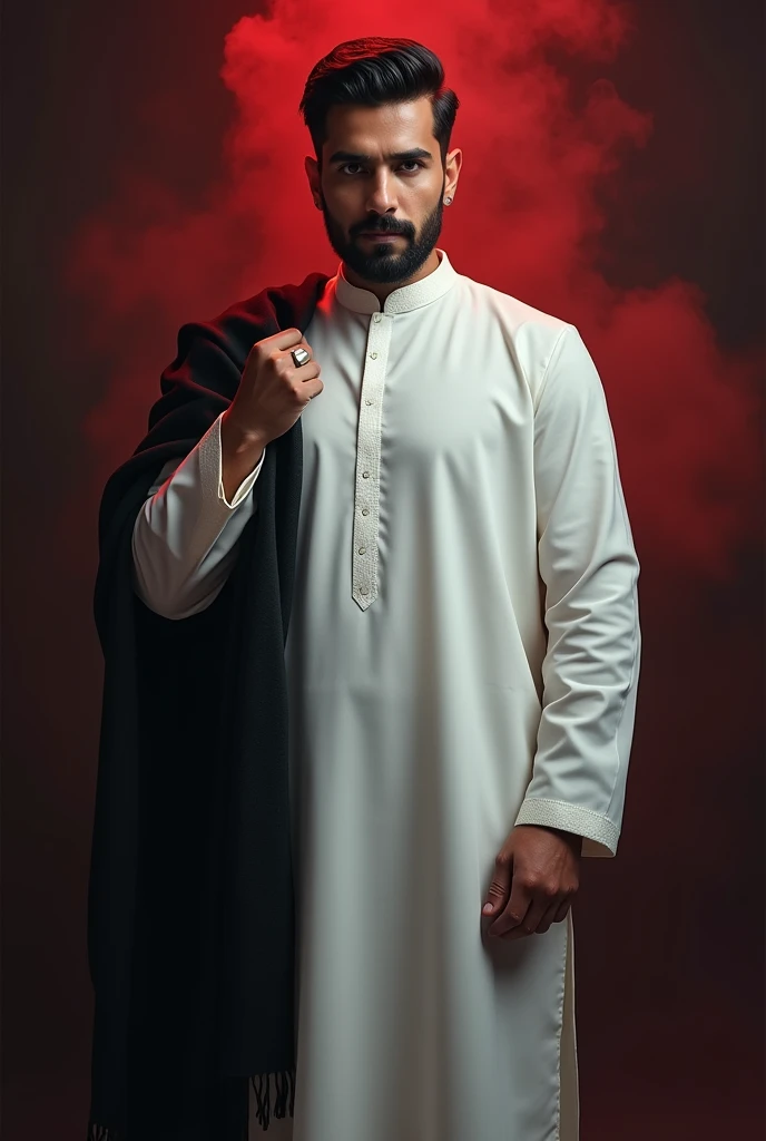 "A highly realistic, full-body image of a 2 Pakistani handsome , good looking , eye catchy , guy wearing a traditional white shalwar kameez. He has a neatly trimmed beard and a stylish short haircut, with a black shawl draped over his shoulders, which he h...