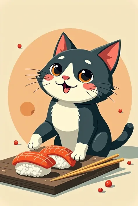 Retro vector illustration of a cat with sushi 