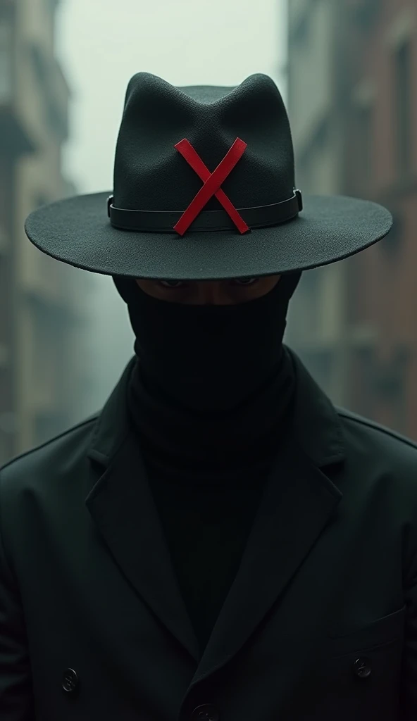 A man with a mask and a hat with a red x 