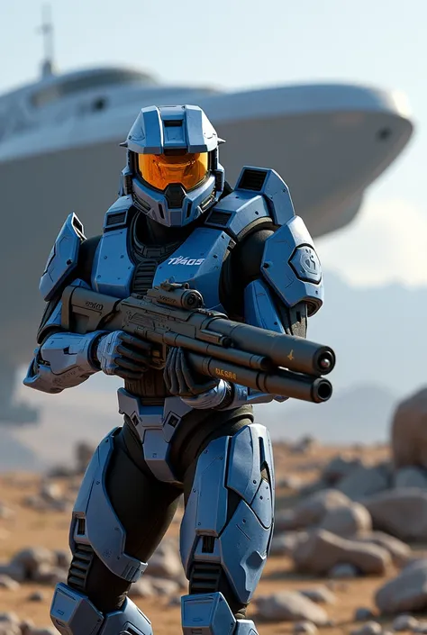 Halo spartan, showing upper body, in blue and black armor, holding a m441 rocket launcher, background is a unsc ship that has landed, rocks blowing in the distance, landscape mode