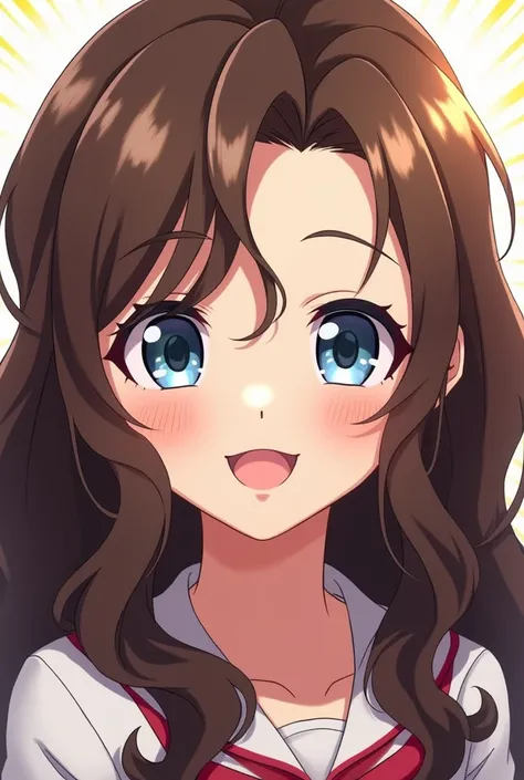 Woman anime style my hero academia. Long brown hair with lighter streaks around the face. big blue eyes, charming and very cute. White smile and hairstyle a little wavy at the ends 