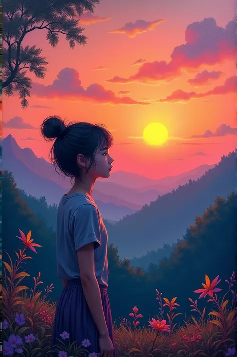 Create a mural design that contains a sunset landscape and a teenager dreaming
